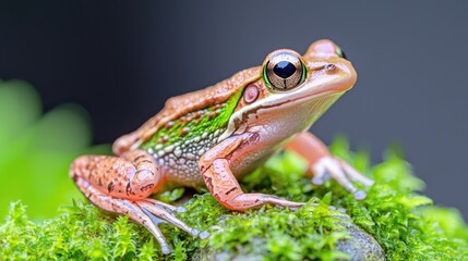 Obraz premium Colorful frog on moss, rainforest background, nature photography, wildlife