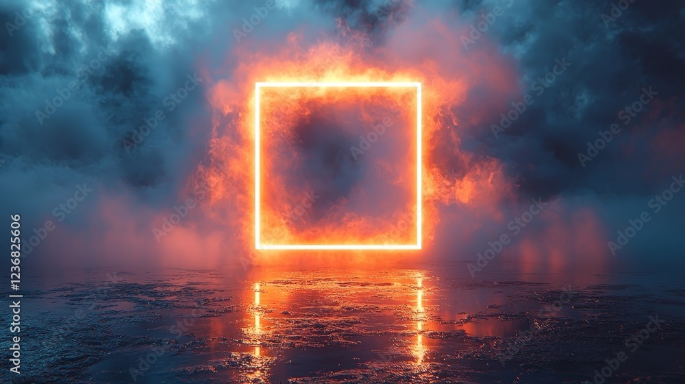 Poster glowing neon square framed in misty teal glow on reflective surface