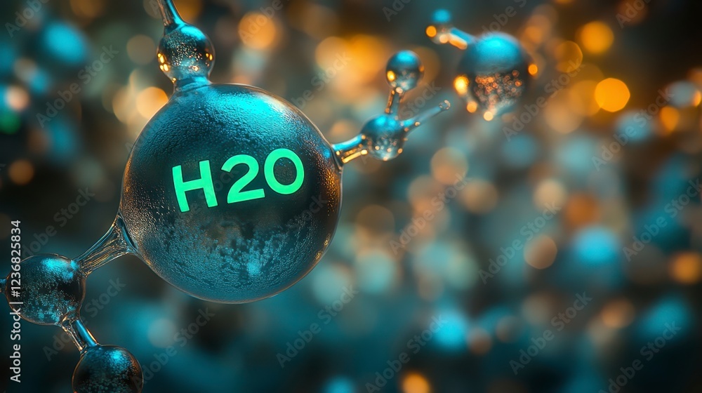 Poster microscopic 3d rendering of a water molecule, h2o, with glowing green text on a dark background. det