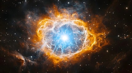 Captivating image showcasing a breathtaking cosmic explosion with swirling flames of energy and light at the center of a vast ethereal galaxy