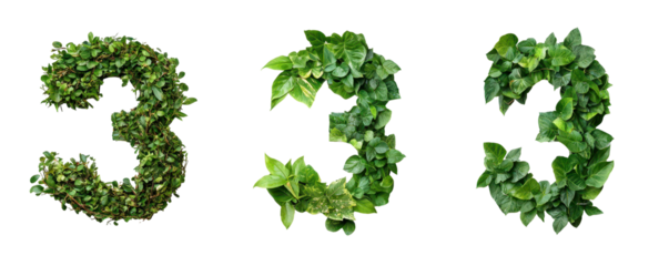Green number threes made of leaves, symbolizing nature and growth