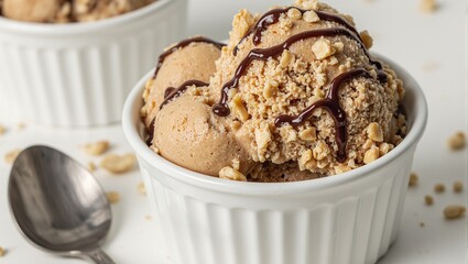 Delicious peanut butter ice cream with crushed peanuts and chocolate syrup