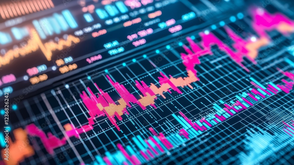 Poster vibrant digital chart overlays with ethereal effects on graph background
