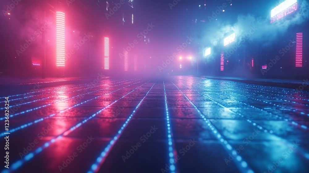 Aufkleber glowing neon grid design fading into retro black background with copyspace