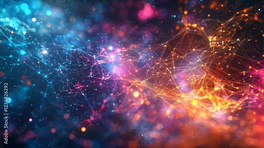 Poster vibrant digital connections in ethereal space with colorful lights and patterns