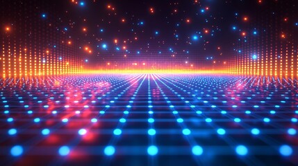 Striking Neon Grid Design Glowing in White and Blue Tones Against Black Background for Retro Futuristic Concept