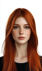 Fototapeta premium A realistic head-and-shoulders photograph of an model with straight, copper-colored hair against a white background.
