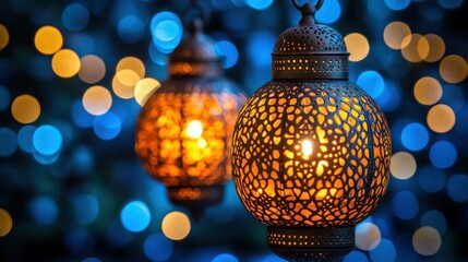 Illuminated decorative lanterns, hanging outdoors, at night, with bokeh lights