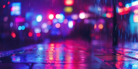 Vibrant urban scene captured in rain, showcasing reflections and colorful lights, ideal for nightlife promotions, travel ads, or artistic projects.