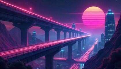 Fototapeta premium Vibrant neon sunset over futuristic highway urban cityscape digital art nighttime aesthetic concept