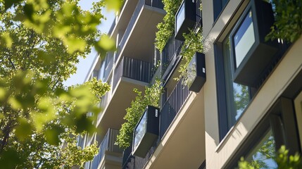 Modern Apartment Building with Green Balconies Showcasing Sustainable Urban Living and Architectural Design in Bright Natural Light and Lush Surroundings