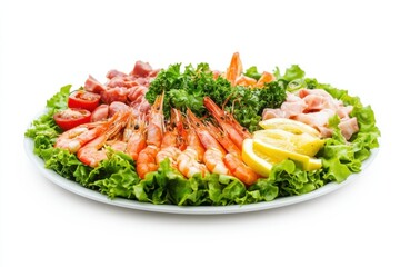 Delicious starters platter featuring fresh shrimp, vegetables, and garnishes on a vibrant green bed of lettuce