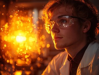 Ambitious Young Scientist Intently Observing Glowing Chemical Reaction in Brightly Lit Laboratory