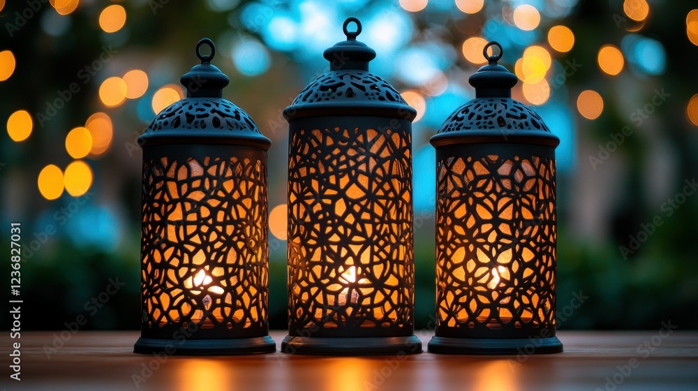 Poster illuminated lanterns on wooden table at night with bokeh background