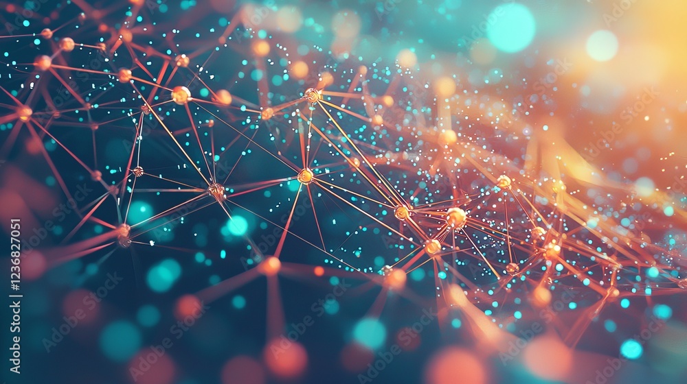 Poster whimsical digital network interacting with colorful background elements