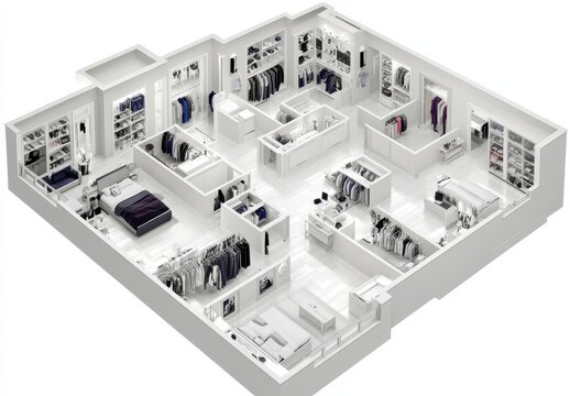 Overhead view of a spacious clothing store layout, showcasing various sections and organized displays. Neutral color palette, clean lines, and ample