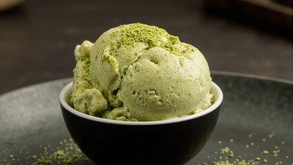 Refreshing matcha green tea ice cream in a sleek black bowl with a dusting of matcha powder