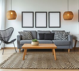 Modern living room interior with gray sofa, zebra patterned rug and pillows, wooden coffee table, black chair, and pendant lamps. Bright and airy