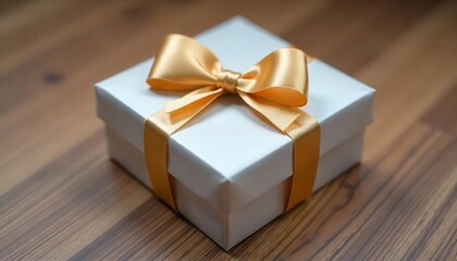 Gift box with yellow ribbon wooden surface close-up celebratory mood warm lighting festive concept