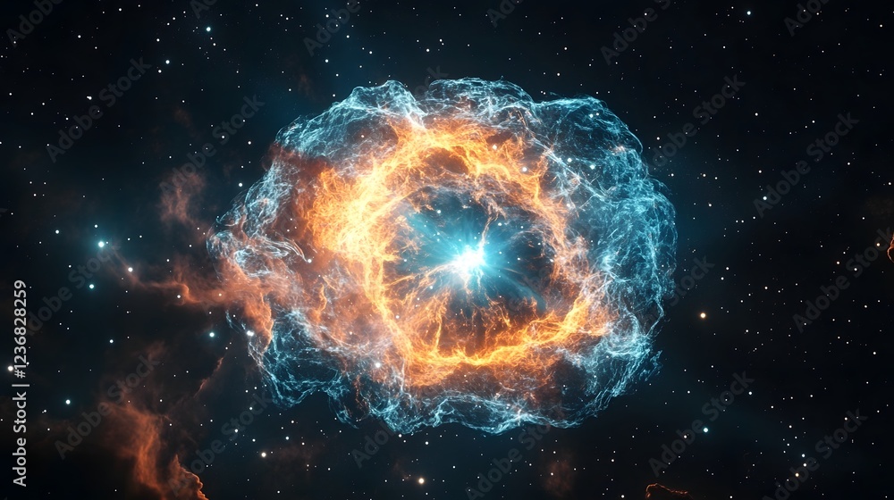 Poster dramatic cosmic explosion in a swirling galactic nebula showcasing a vibrant and fiery celestial phe