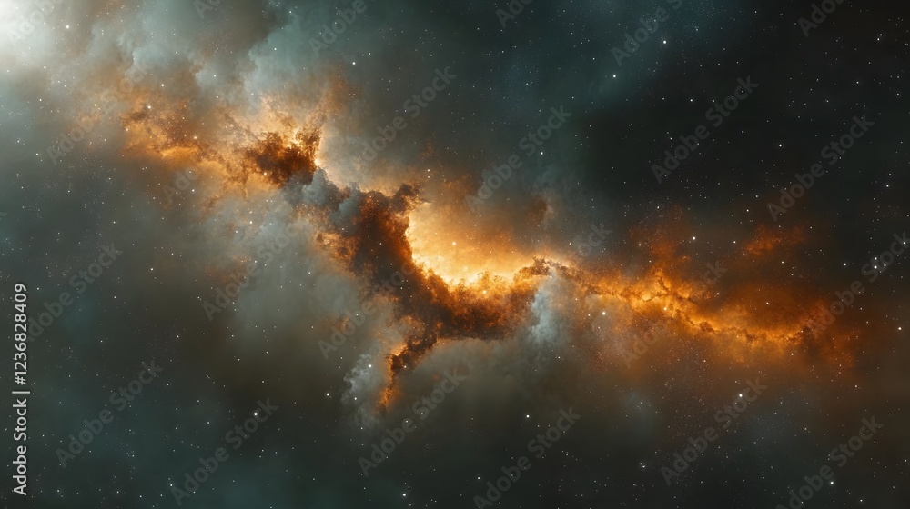 Poster Dramatic cosmic explosion in a swirling glowing galactic nebula  Fiery cloud of stardust and stellar energy bursting forth in an display of interstellar power and celestial activity