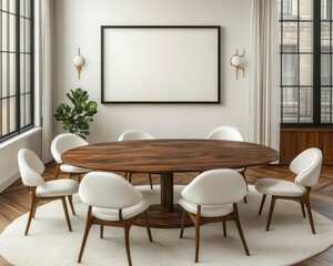 Modern dining room interior with oval wooden table, white chairs, large blank frame on wall, and natural light from large windows. Neutral color