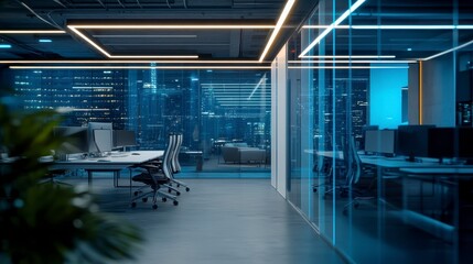 Fototapeta premium Modern office interior at night, featuring glass walls, sleek desks, and city lights visible through large windows. The space is illuminated by