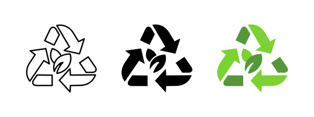 Recycle icon. Reusable label. Eco-friendly vector illustration. Green sustainability leaf symbol. Environmental concept for waste reduction and energy efficiency. Ecology triangle arrows sticker.