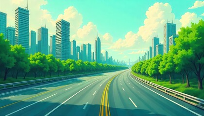 Fototapeta premium Urban roadway journey through cityscape with lush greenery sunny day digital art vibrant atmosphere