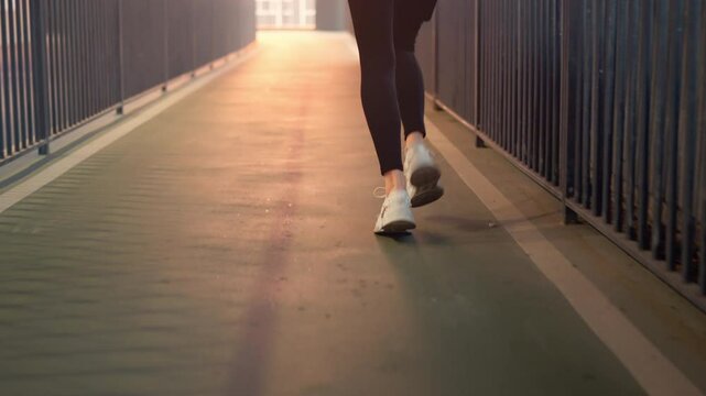 B roll - Closeup sports running shoes or city bridge workout in sunset, Fitness woman running and jogging in the city, Exercising to stay fit and healthy, healthcare wellness or body goals