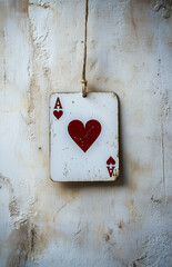 A cute white plastic coat hanger in the shape of an Ace playing card with red hearts, against a plain background wall.