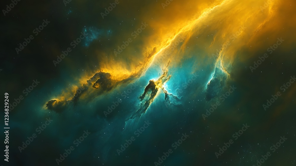 Poster dramatic cosmic explosion in a vibrant stellar nebula with swirling clouds of glowing matter and ene