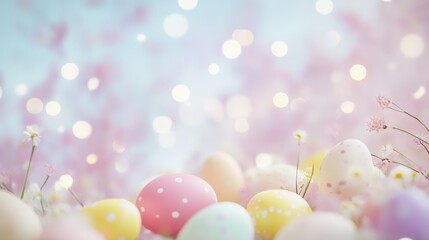 Charming colorful easter eggs displayed against a soft bokeh background in cheerful pastel hues