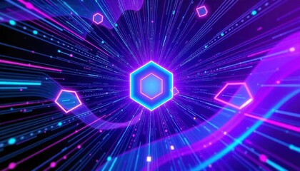 Dynamic neon hexagons exploding in light trails digital space abstract art futuristic vibes 3d perspective