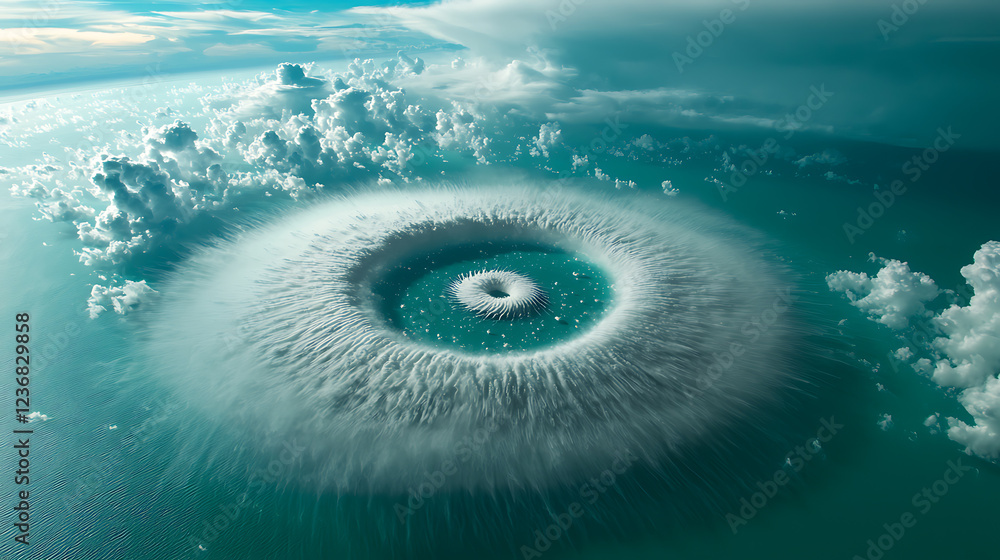 Poster circular rainfall pattern map analysis over ocean aerial view meteorological visualization dynamic w