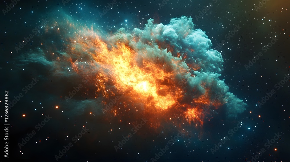 Poster Dramatic Cosmic Explosion in Vibrant Colorful Nebula Cloud Against Starry Dark Galaxy Background Powerful Fiery Celestial Phenomenon in Deep Space