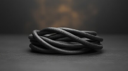 Naklejka premium Black Textured Cord Cable Rope Coil Dark Background Close Up