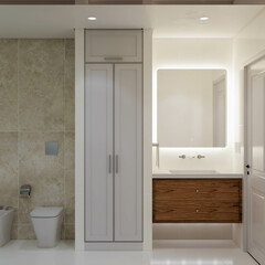 Fototapeta premium Interior design of bathrooms for homes and apartments, illustrative renders of bathroom furniture