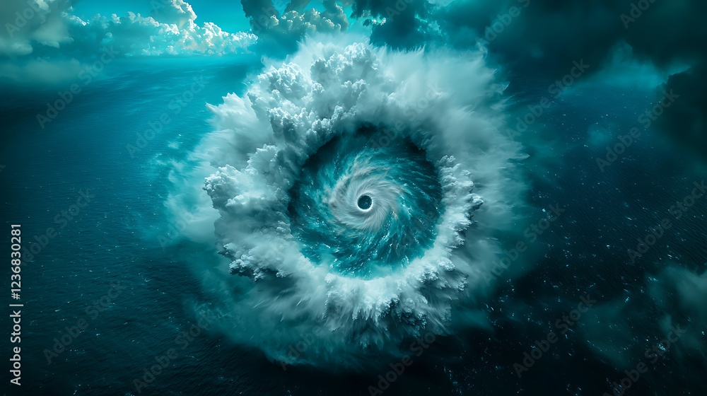 Poster circular rainfall pattern map illustrating storm dynamics oceanic environment aerial view weather ph