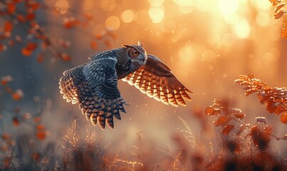 a field at dawn with an owl flying in the distance