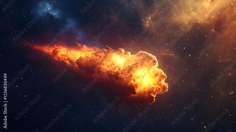 Poster dramatic cosmic explosion with fiery plumes and shimmering energies set against a vast dark galactic