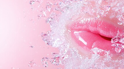 Fototapeta premium Pink lips, water splash, beauty, skincare, ad