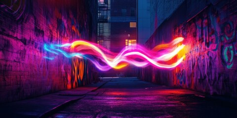 Vibrant alleyway with colorful light trails, perfect for urban art promotions, nightlife events, or creative projects.