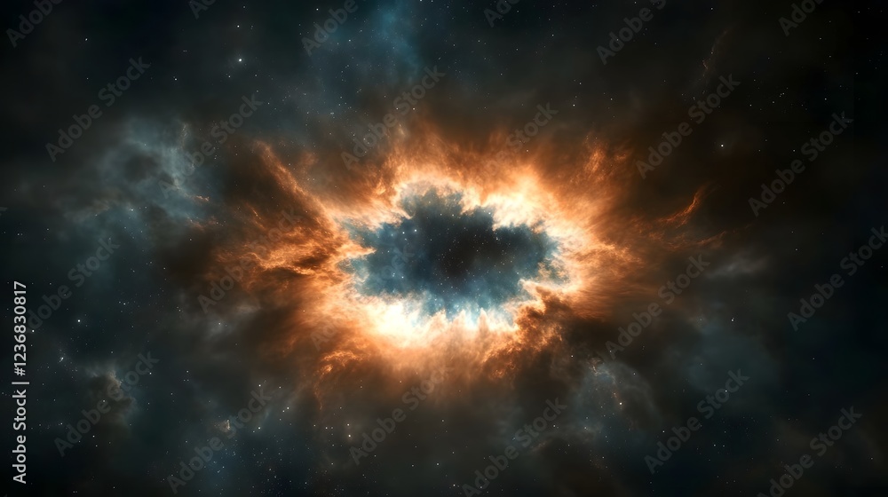 Poster dramatic fiery cosmic explosion in the depths of the universe with bursts of radiant energy luminanc
