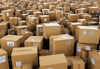 A vast expanse of brown cardboard boxes fills the frame, creating a dense and uniform texture. The boxes are of various sizes, stacked haphazardly