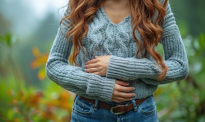 woman holding her stomach with her hands