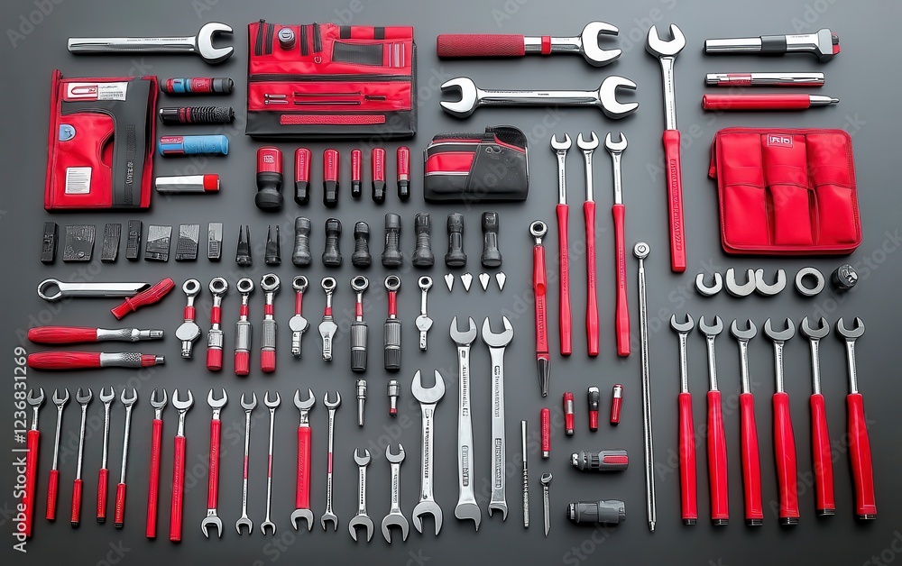 Poster overhead shot of a comprehensive collection of wrenches and tools neatly arranged on a gray surface.