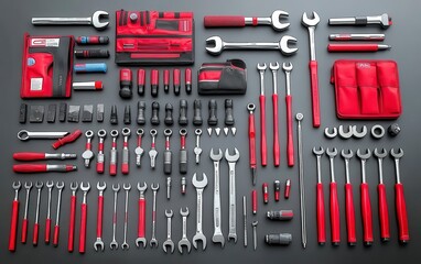 Overhead shot of a comprehensive collection of wrenches and tools neatly arranged on a gray surface. The tools are predominantly red and silver
