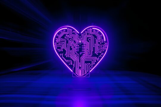 Happy Valentines Day concept with glowing heart on circuit board. Cyber heart, Cyber love and technology, digital romance, ai-driven emotions, innovation. Symbol of love. February 14