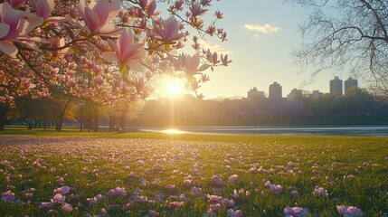A high-resolution photo of a blooming pastel-colored magnolia tree in a city park, with delicate petals scattered on the grass